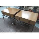 SIDE TABLES, a pair, each with two frieze drawers on metal frame, 77cm x 61cm x 58cm H. (2) (with
