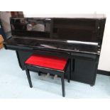 EISENBERG UPRIGHT PIANO, black lacquer case, 140cm W, plus matching footstool. (2)