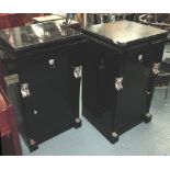 SIDE CABINETS, a pair, Empire style, ebonised black with chromed mounts, marble top small drawer and