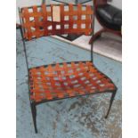 ARMCHAIRS, a pair, woven tanned leather on metal frames, 66cm W. (2)