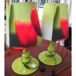 TABLE LAMPS, a pair, green bases with floral shades, 66cm H. (2)