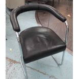 DINING CHAIRS, a set of five, black leather on a tubular chrome frame, 52cm W x 78cm H x 63cm D. (