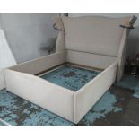 DOUBLE BED FRAME ONLY, in beige fabric, headboard 217cm W. (no mattress or struts)