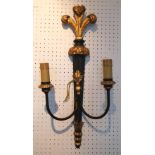 WALL LIGHTS, a pair, ebonised, giltwood and metal with twin sconces and Prince of Wales feathers