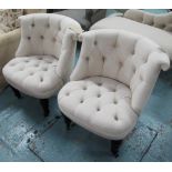 BEDROOM CHAIRS, a pair, button back, in oatmeal upholstery on front castors, 70cm W. (2)