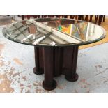 LAMP TABLE, round, bevelled, mirrored top on early 20th century mahogany finished base, 90cm x