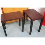 SIDE TABLES, a pair, of brown leather with a rectangular top on square ebonised supports, 55cm W x