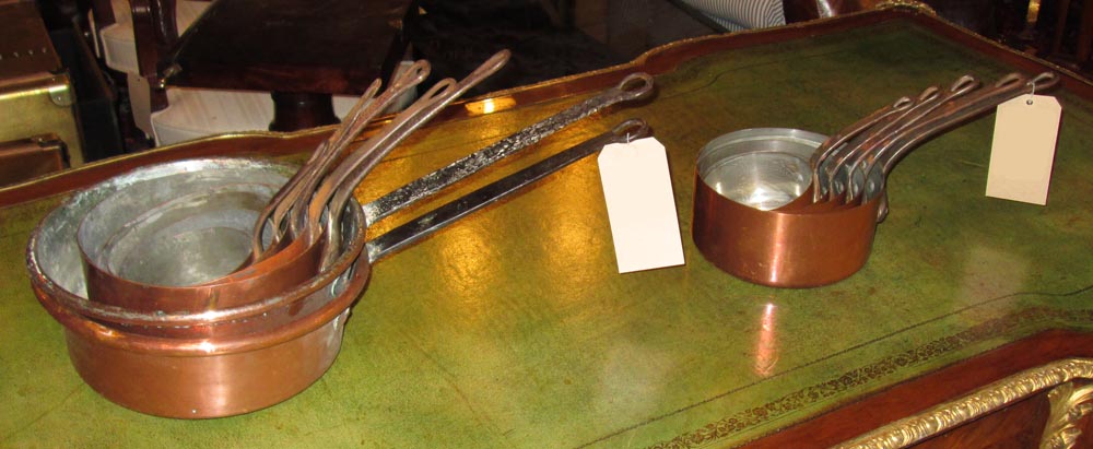 COPPER SAUCEPANS, a graduated set of five, the largest 20cm diam, another five similar  and two