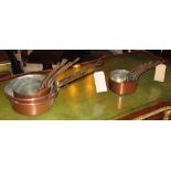 COPPER SAUCEPANS, a graduated set of five, the largest 20cm diam, another five similar  and two
