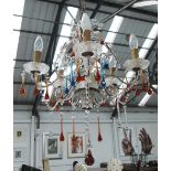 CHANDELIER, with five lighting arms, amber and blue drop decoration, approx 45cm H x 45cm diam. (