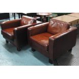 ARMCHAIRS, a pair, 1970's design tan brown of square form with block supports, 79cm. (2)