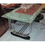 DINING TABLE, Art Deco style, with an opaque glass top on a chrome tubular base of curved form, 76cm