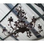 CHANDELIERS, a pair, metal with foliate