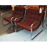 EASY CHAIRS, a pair, button back in brow