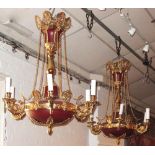 CHANDELIERS, a pair, Empire style patina