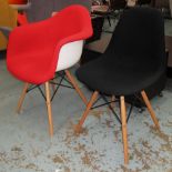 EAMES STYLE CHAIRS, two, in red and blac