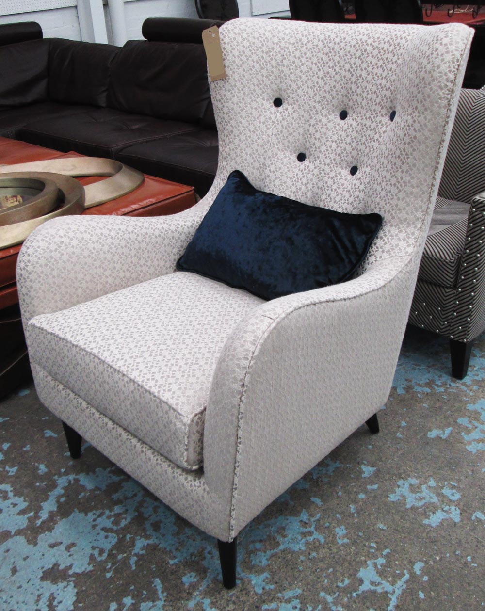 ARMCHAIR, button backed in neutral flora