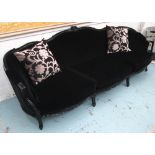 CANAPE, three seater, black lacquered ornate frame in black velvet plus a pair of scatter cushions,