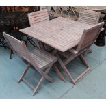 GARDEN TABLE, square, weathered effect, 101cm x 101cm x 71cm H, plus four folding chairs. (5)