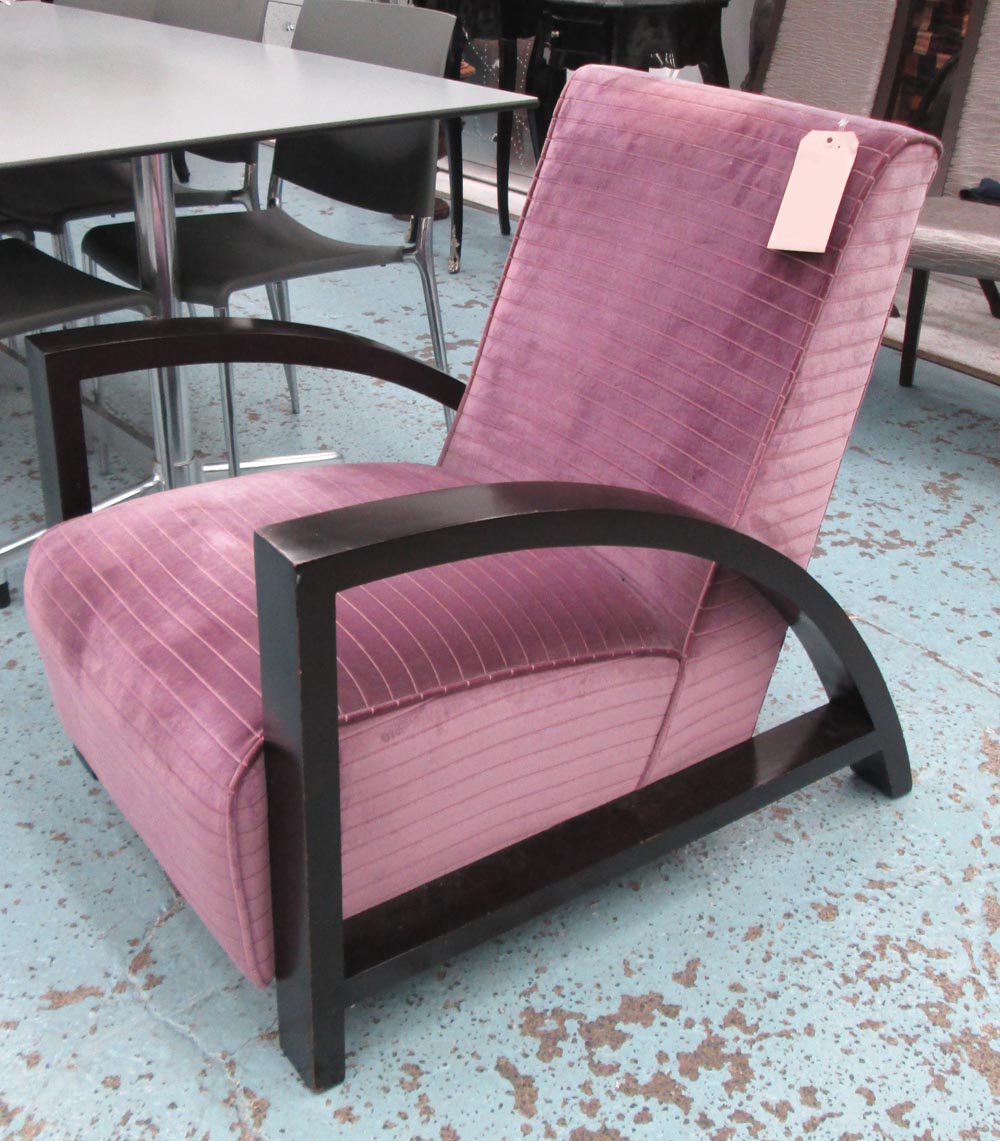 OPEN ARMCHAIR, Art Deco style, in purple ribbed fabric on ebonised supports, 64cm W.