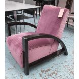 OPEN ARMCHAIR, Art Deco style, in purple ribbed fabric on ebonised supports, 64cm W.