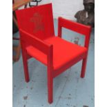 INAUGURATION CHAIR, in red with crest, 54cm W.