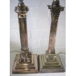 SILVER PLATED TABLE LAMPS, two similar, of classical column form, 44cm H and 47cm H maximum.