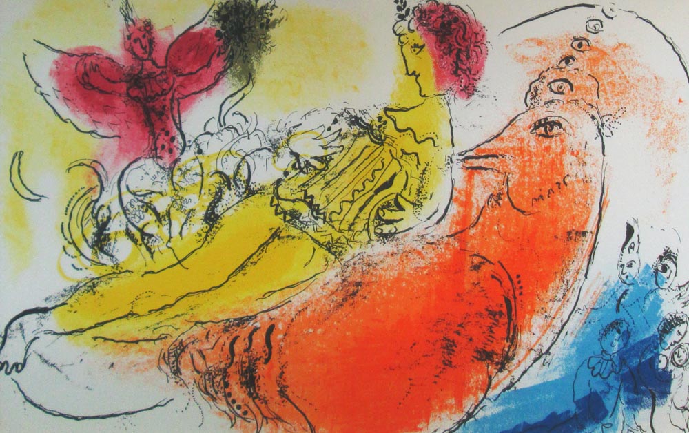 MARC CHAGALL, 'The Accordist' 1957, lithograph in colours, printed by Mourlot, Frères, 22cm x 38cm,