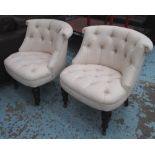 BEDROOM CHAIRS, a pair, button back, oatmeal fabric on front castors, 68cm H x 48cm. (2)