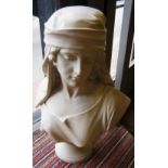 MARBLE BUST, study of a woman with a headscarf, socle base, 56cm H overall.