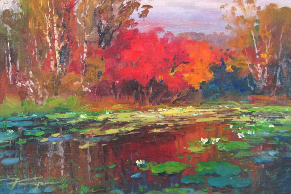 YURI KUCHINOV, 'Pondside Landscape', oil on canvas, 24cm x 35cm, signed, framed.