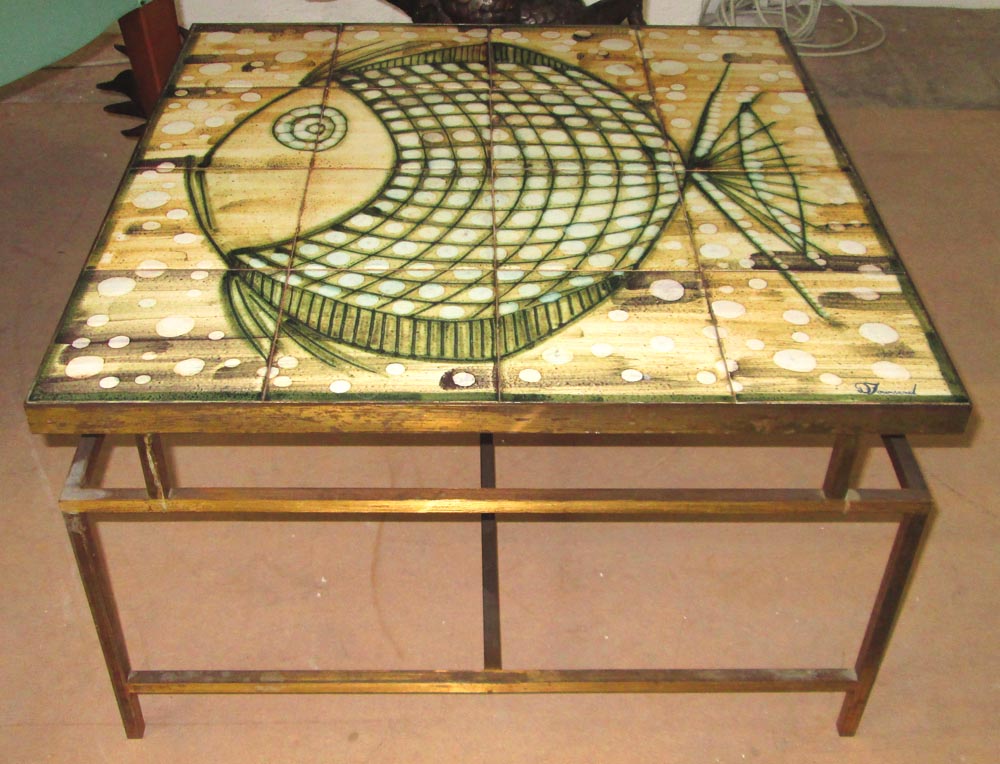 TILED FISH TABLE, on a brass base, signed 'D Townsend', 62cm x 62cm x 37cm H.