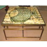 TILED FISH TABLE, on a brass base, signed 'D Townsend', 62cm x 62cm x 37cm H.