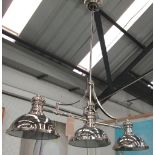 CEILING LIGHT, three branches, billiard table style in chromed metal.