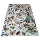 BENARES CARPET 'THE CONFERENCE OF THE BIRDS', 266cm x 175cm, various birds on a part silk ivory