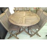 GARDEN TABLE, circular, weathered effect, 125cm diam. x 75cm H, plus four folding chairs. (5)