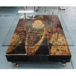 QUEEN ELIZABETH LOW TABLE, with glass top on square supports with castors, 101cm x 75cm x 42cm H.