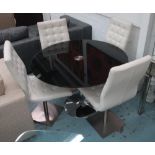 DINING TABLE, with circular black glass top, 110cm diam x 74cm H and four chairs button back in