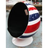 UNION JACK SWIVEL BALL CHAIR, with a black upholstered interior, 102cm W x 114cm H. (with faults)