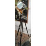 STUDIO LAMP, in chromed metal on extendable tripod support, 160cm H.