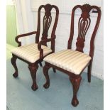 DINING CHAIRS, a set of twelve, including two carvers, with cabriole supports and striped seats,