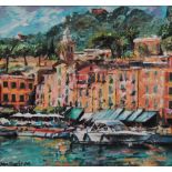 KEN DAVIS, 'A list Portofino', oil on board, 31cm x 33cm, signed and framed.