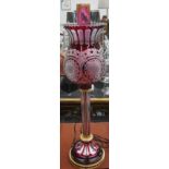TABLE LAMP, with ruby flashed and cut glass shade, 78cm H.