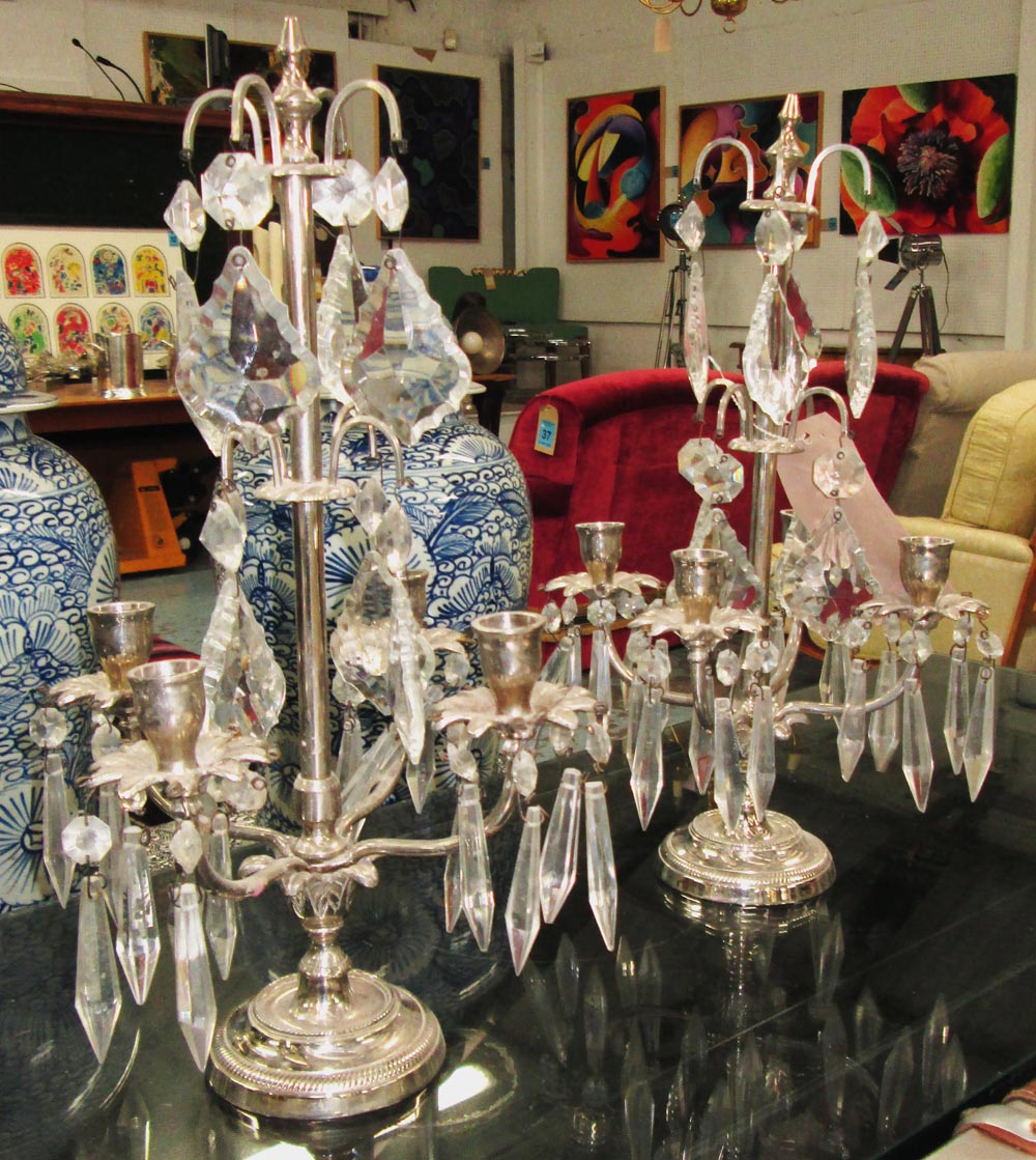 TABLE CANDELABRA, a pair, four branch in plated metal, 42cm H. (2)
