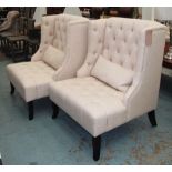 WING BACK ARMCHAIRS, a pair, in oatmeal fabric with scatter cushion, 101cm H x 62cm. (2)