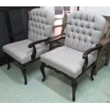 OPEN ARMCHAIRS, a pair, in grey button back on curved supports, 76cm W. (2)