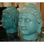 BUDDHA HEADS, a pair, turquoise crackle glaze, 51cm H. (2)