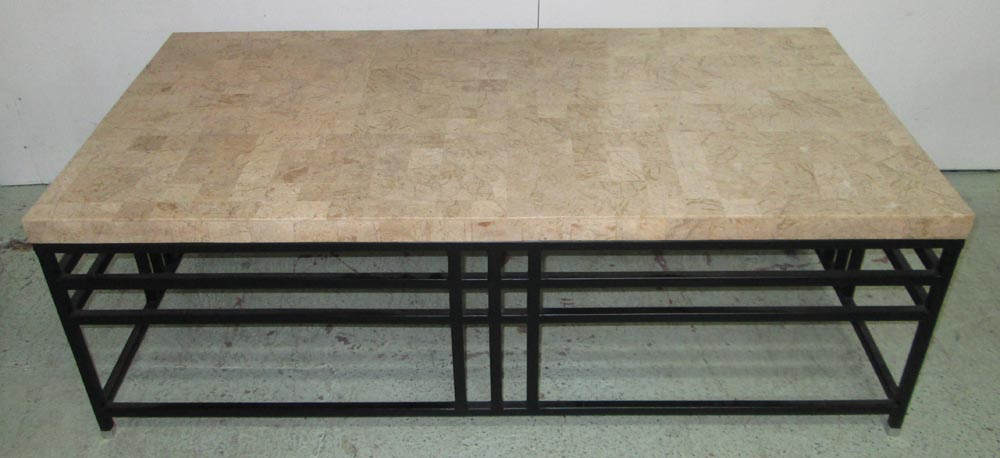 ANDREW MARTIN LOW TABLE, with metal faux marble design on black metal supports, 135cm x 69cm x 44cm