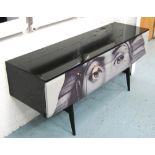 SIDEBOARD, 1960's later relacquered in Fornasetti style, black lacquer high gloss, 46cm x 68cm H x