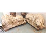 LION STATUES, a pair, in composite stone finish, 150cm L.